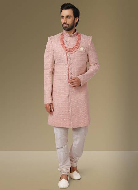 Pink Colour Heavy Wedding Wear Jacquard Banarasi Latest Indo Western Mens Collection 1108